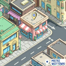Izometryczny rysunek budynku z ikoną pinezki na dachu, sugerujący lokalizację firmy, w pastelowych kolorach.