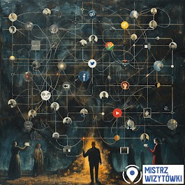 Ilustracja sieci powiązań społecznościowych z ikonami platform, połączonych liniami. W dolnej części sylwetki postaci, oświetlone od dołu. Logo 'Mistrz Wizytówki' w prawym dolnym rogu.