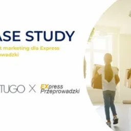 Grafika: Case Study content marketingu dla Express Przeprowadzki, z matką i córką niosącymi kartony w jasnym wnętrzu, logo Setugo i Express Przeprowadzki.