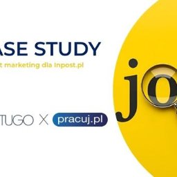 Setugo Sp. z o. o. - Grafika case study content marketingu dla Inpost.pl, z logo Setugo i Pracuj.pl oraz lupą na słowie 'job' na żółtym tle.