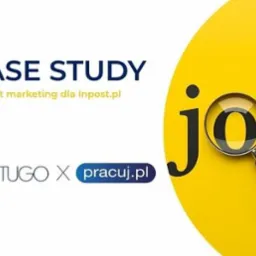 Grafika case study content marketingu dla Inpost.pl, z logo Setugo i Pracuj.pl oraz lupą na słowie 'job' na żółtym tle.