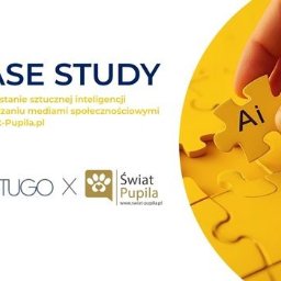 Setugo Sp. z o. o. - Grafika case study: wykorzystanie AI w social mediach dla Swiat-Pupila.pl. Układanka z napisem 'Ai' w dłoni, logotypy Setugo i Swiat-Pupila.pl.
