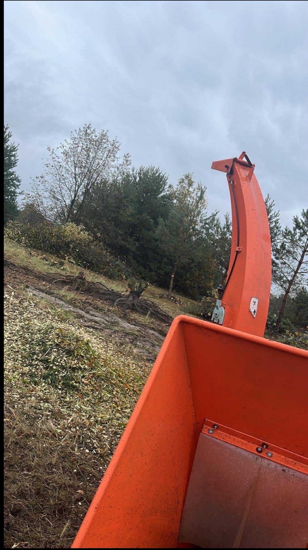 Pomarańczowy rębak do gałęzi po wycince drzew na zboczu, z widocznymi pniakami i pozostałościami po cięciu, pochmurne niebo w tle.