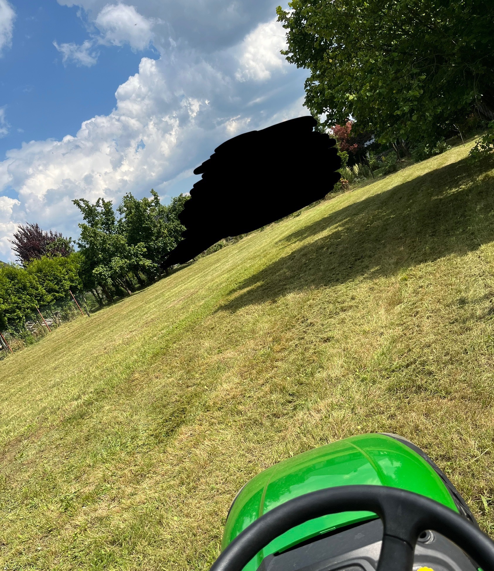 Widok z kosiarki na świeżo skoszoną, zieloną trawę w ogrodzie, z drzewami i niebem w tle. Ślady po koszeniu widoczne na trawniku.