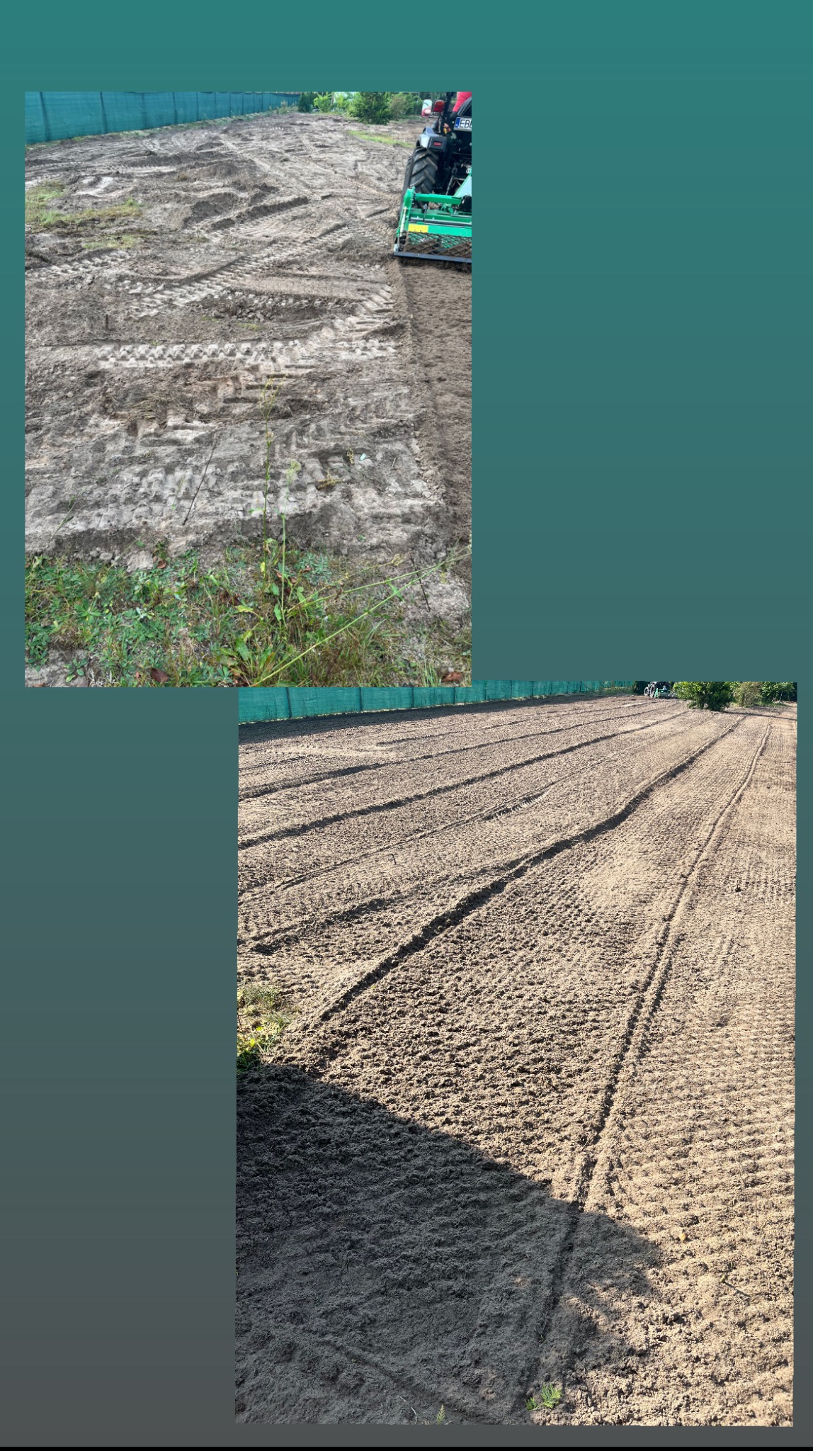 Dwa ujęcia pola: górne z traktorem w trakcie wyrównywania ziemi, dolne z wyrównaną glebą i śladami opon, ukazujące efekt końcowy.