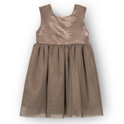 InUse sp z o o - Elegancka sukienka dziecięca w odcieniach beżu, z połyskującą górą i tiulowym dołem, sfotografowana na białym tle. Idealna na specjalne okazje.