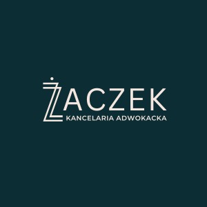 Minimalistyczne logo kancelarii adwokackiej 'Żaczek' w kolorze białym na ciemnym, turkusowym tle. Prosty, nowoczesny design z subtelnym akcentem graficznym nad literą 'Ż'.