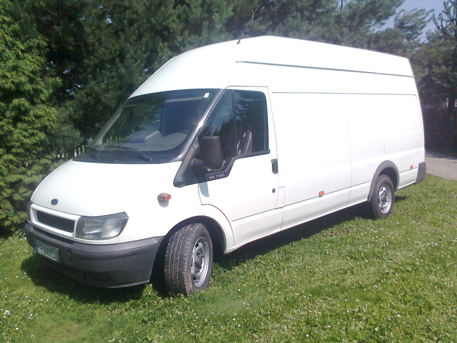 Biały, wysoki furgon Ford Transit 125 T350 zaparkowany na trawie, widok z przodu i boku, w tle drzewa.