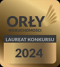 Złota statuetka 'Orły Nieruchomości' z napisem 'Laureat Konkursu 2024'. Nagroda w branży nieruchomości.