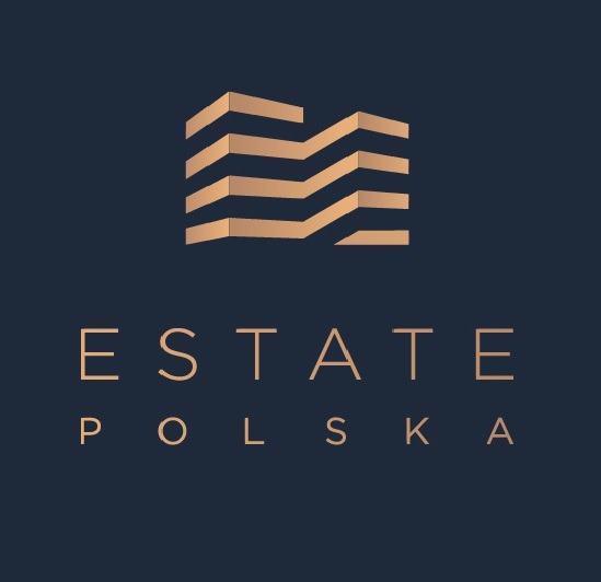 Logo 'Estate Polska' na granatowym tle. Geometryczny symbol budynku w odcieniach złota, nowoczesny font. Minimalistyczny design.
