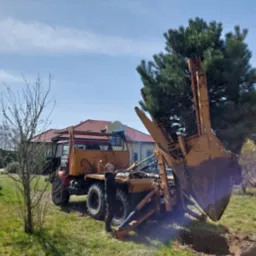 Przesadzanie dużego drzewa przy użyciu specjalistycznej maszyny na tle domu z czerwoną dachówką i wieżą telekomunikacyjną. Pracownik nadzoruje proces.