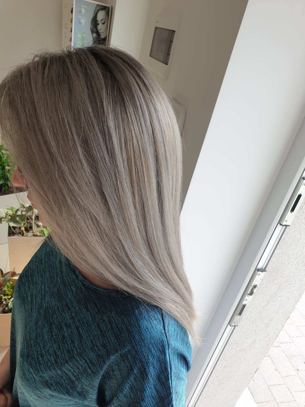 Popielaty blond z refleksami, długie, proste włosy, widok z boku, przy oknie. W tle rośliny doniczkowe i plakat. Efekt koloryzacji.