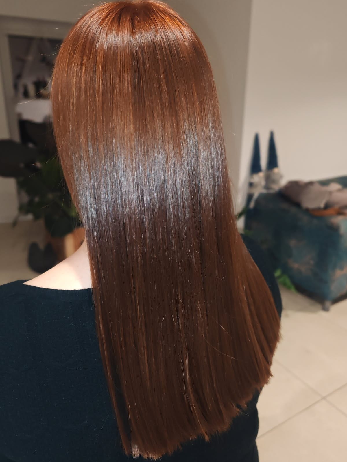 Lśniące, proste włosy w odcieniach miedzi, widoczne od tyłu, po zabiegu koloryzacji. W tle fragment wnętrza z rośliną i turkusową sofą.
