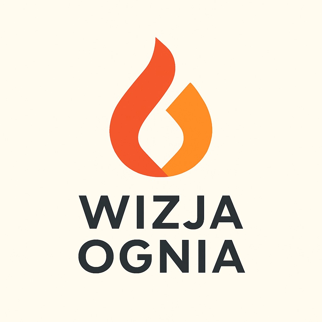 Graficzne logo firmy „Wizja Ognia” z płomieniem w odcieniach pomarańczy i ciemnoszarym napisem na kremowym tle. Minimalistyczny design, nowoczesna typografia.