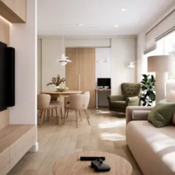 Jasne, przestronne wnętrze mieszkania z drewnianą podłogą, beżową sofą, okrągłym stolikiem kawowym i telewizorem. Widoczna jadalnia i kącik do pracy.