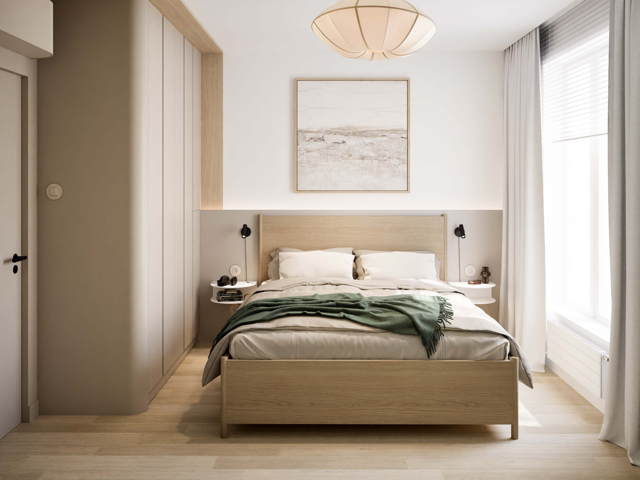 Jasna sypialnia z drewnianym łóżkiem, zielonym pledem i abstrakcyjnym obrazem. Minimalistyczne szafki nocne i lampa sufitowa dopełniają aranżację.