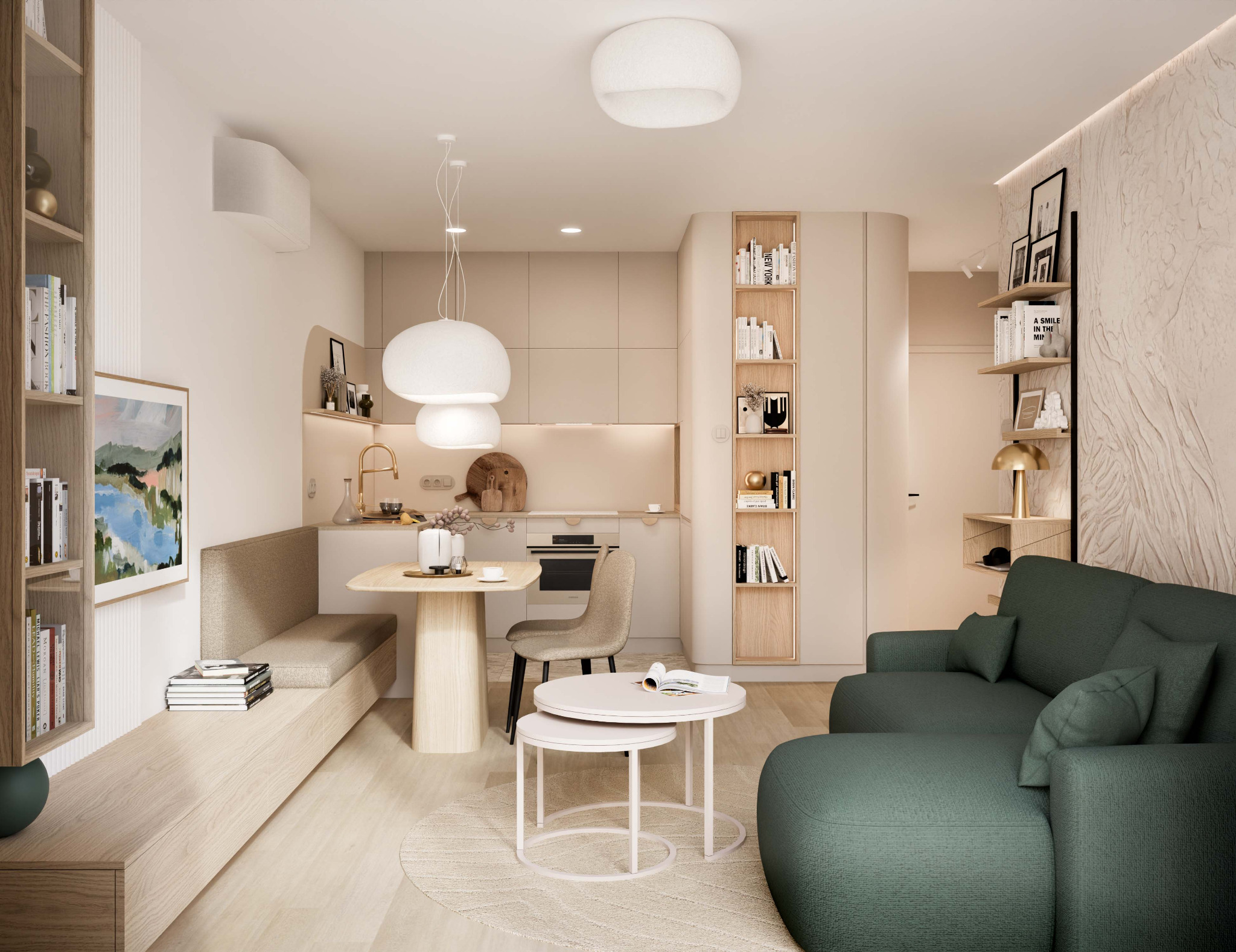 Jasne wnętrze z aneksem kuchennym, okrągłym stołem i zieloną sofą. Na ścianach półki z książkami i dekoracjami. Całość utrzymana w stonowanej, beżowo-zielonej kolorystyce.