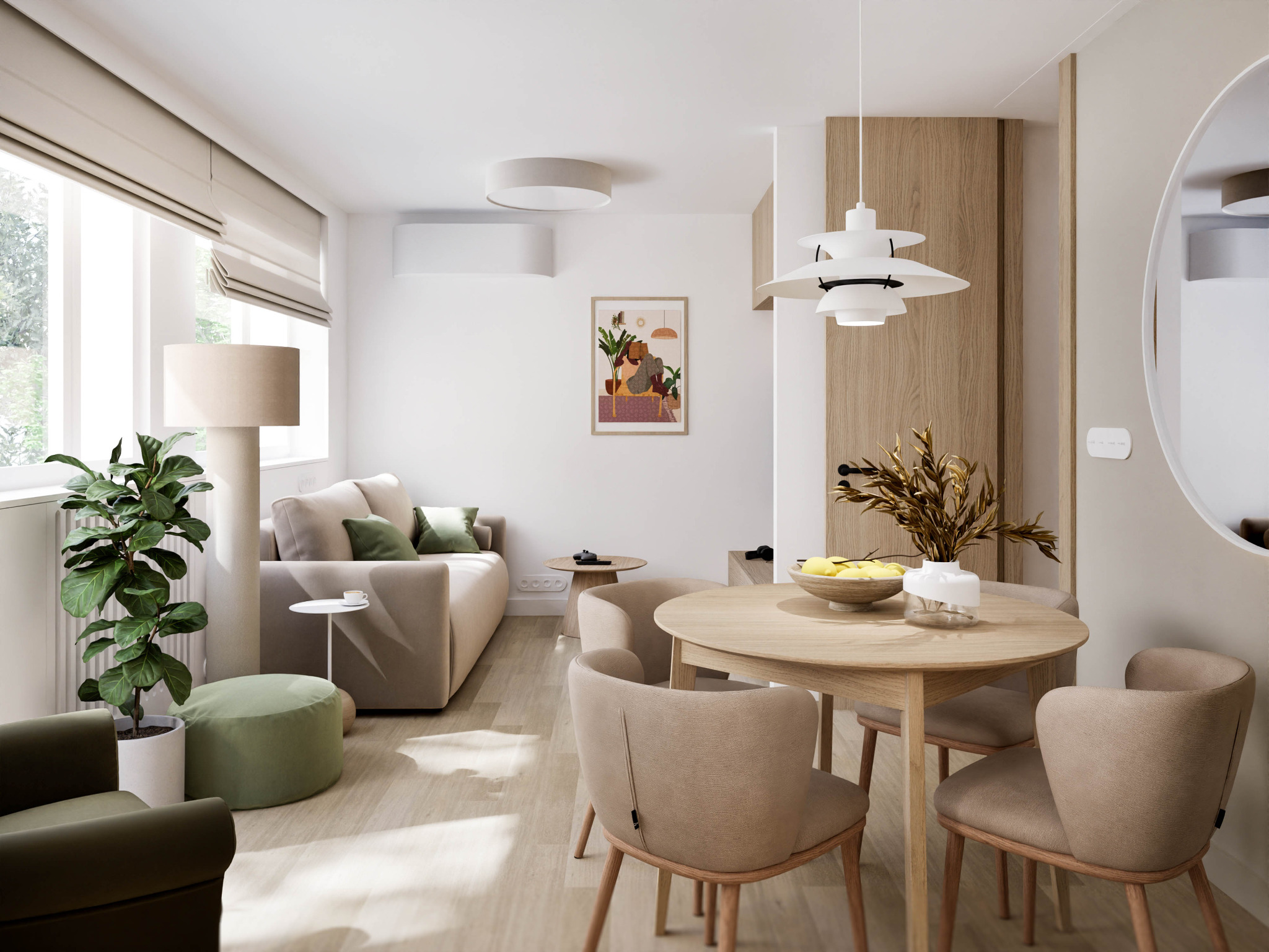 Jasne wnętrze mieszkania w Warszawie. Stół z krzesłami, sofa z poduszkami, roślina doniczkowa. Minimalistyczny design, naturalne materiały, ciepłe oświetlenie.