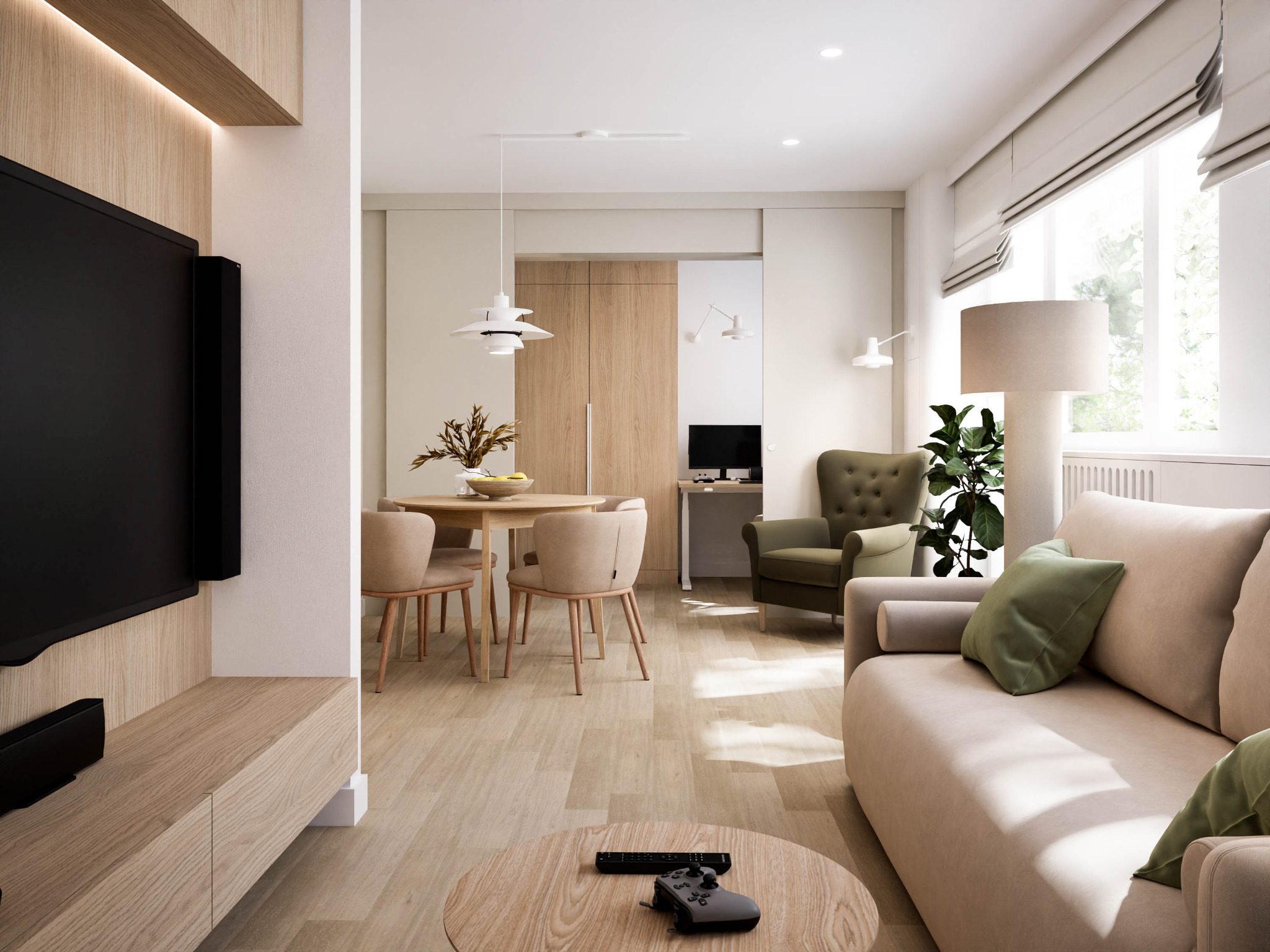 Jasne, przestronne wnętrze mieszkania z drewnianą podłogą, beżową sofą, okrągłym stolikiem kawowym i telewizorem. Widoczna jadalnia i kącik do pracy.