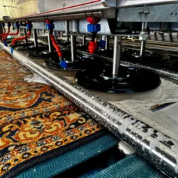 Automatyczna maszyna w trakcie prania wzorzystego dywanu. Widoczne szczotki, dysze i piana. Ujęcie z bliska, podkreślające detale i proces czyszczenia.