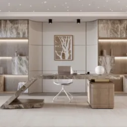 Nowoczesny gabinet z biurkiem o unikalnej podstawie w kształcie litery Z, marmurowe regały z podświetleniem i dekoracyjna lampa. Aranżacja biura domowego.