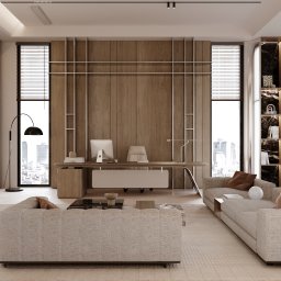 Grupa Projektowa N11 - Nowoczesne biuro w mieszkaniu: drewniana ściana z metalowymi akcentami, biurko z komputerem, sofy w odcieniach beżu, widok na miasto przez okna z żaluzjami.