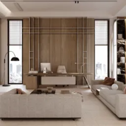 Nowoczesne biuro w mieszkaniu: drewniana ściana z metalowymi akcentami, biurko z komputerem, sofy w odcieniach beżu, widok na miasto przez okna z żaluzjami.