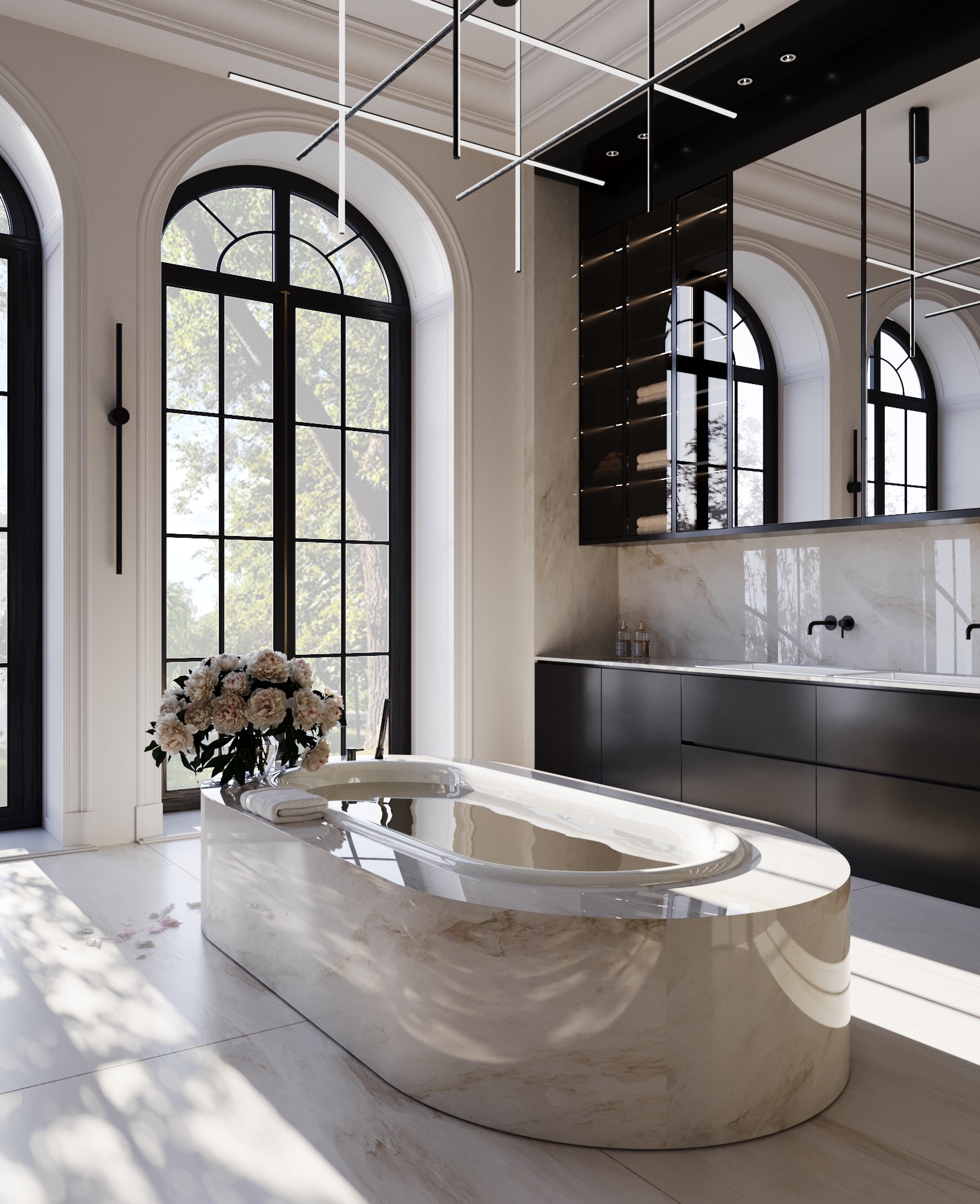 Nowoczesna łazienka z wolnostojącą wanną z marmuru, kwiatami i dużymi oknami łukowymi. Minimalistyczne szafki i oświetlenie liniowe dopełniają elegancki wystrój.