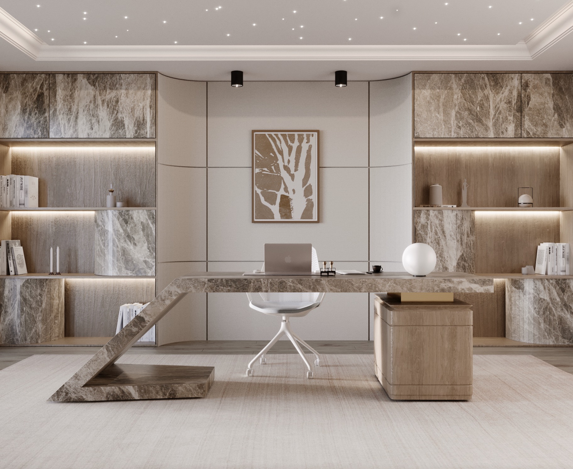 Nowoczesny gabinet z biurkiem o unikalnej podstawie w kształcie litery Z, marmurowe regały z podświetleniem i dekoracyjna lampa. Aranżacja biura domowego.