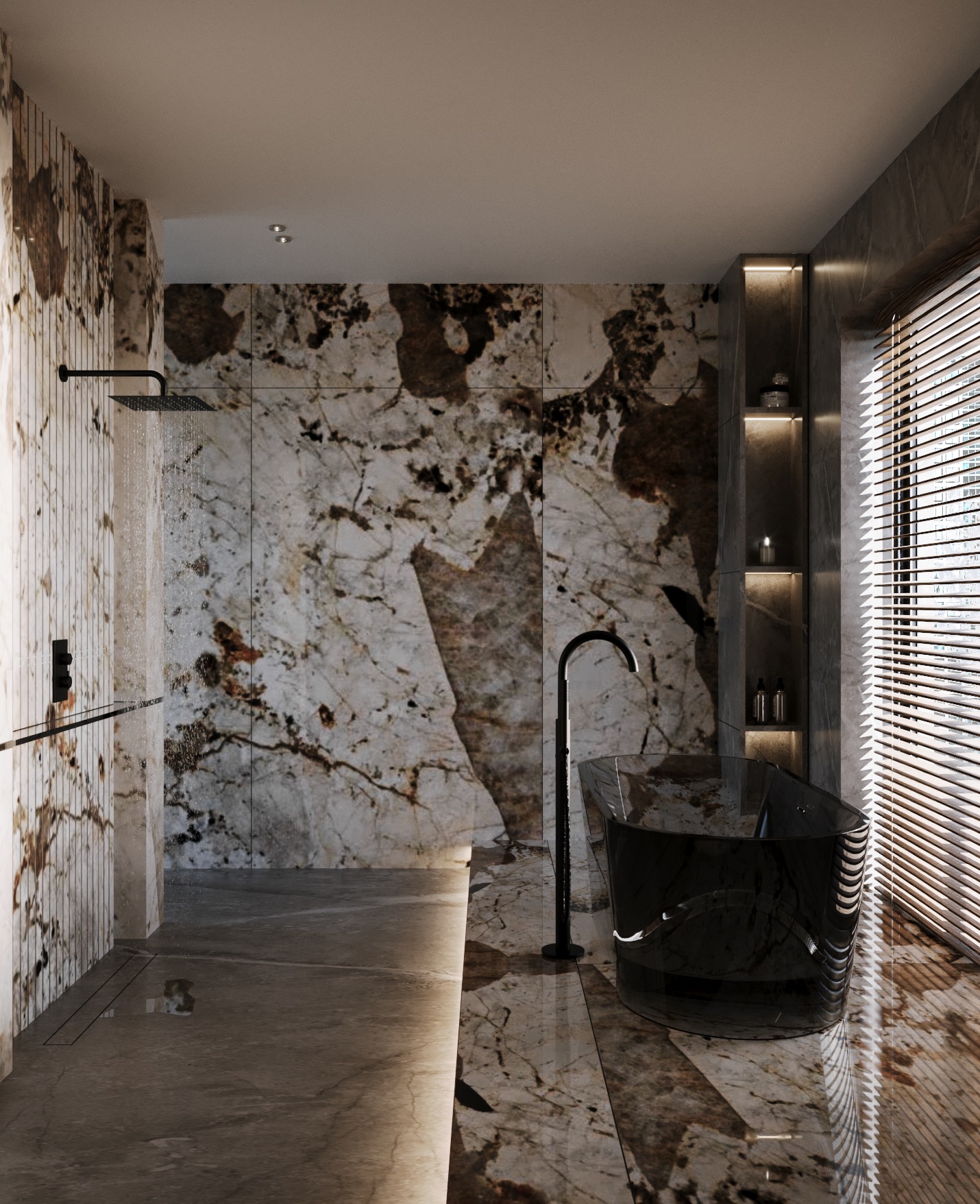 Nowoczesna łazienka z czarną wanną, marmurowymi ścianami i podświetlanymi półkami. Minimalistyczny design z eleganckimi detalami i luksusowym wykończeniem.