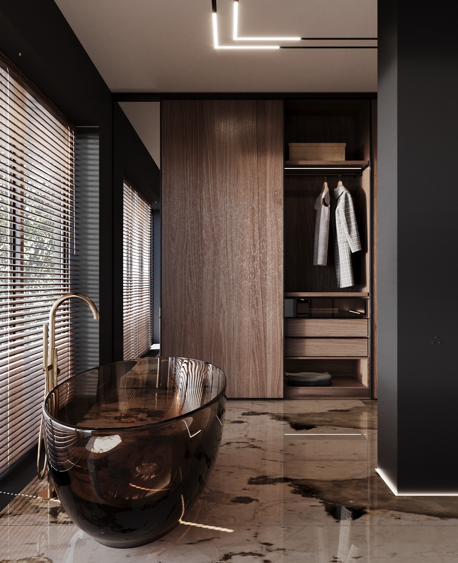 Nowoczesna łazienka z brązową wanną, złotą armaturą i szafą wnękową z drewnianymi frontami. Minimalistyczne oświetlenie sufitowe i marmurowe płytki podłogowe.