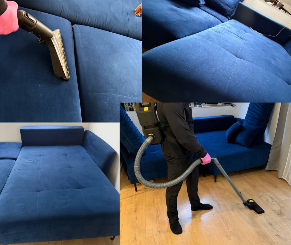 Czyszczenie narożnika z ciemnoniebieskiej tapicerki odkurzaczem piorącym z plecakowym zbiornikiem. Widoczne ślady po czyszczeniu. Podłoga drewniana.
