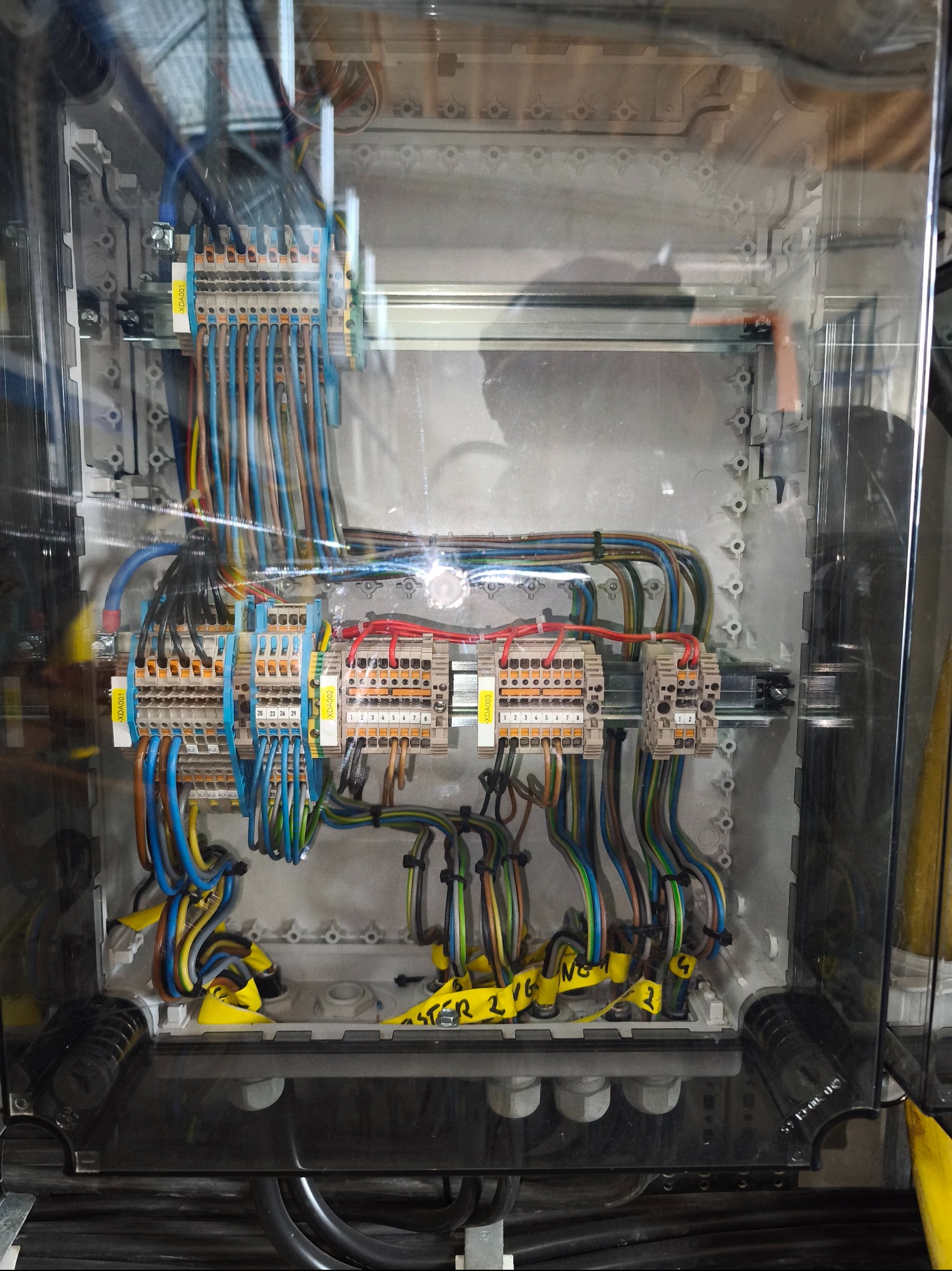 Rozdzielnica elektryczna w przezroczystej obudowie. Widoczne liczne przewody w różnych kolorach, podłączone do listew zaciskowych. Żółte etykiety z opisami.