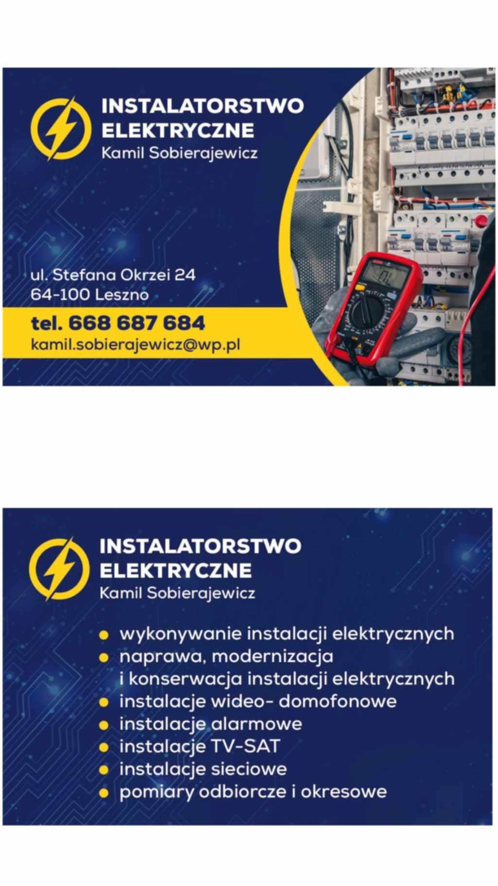 Grafika firmy instalatorstwa elektrycznego: schemat instalacji, miernik, dane kontaktowe. Oferta obejmuje instalacje alarmowe, domofonowe, TV-SAT i sieciowe.
