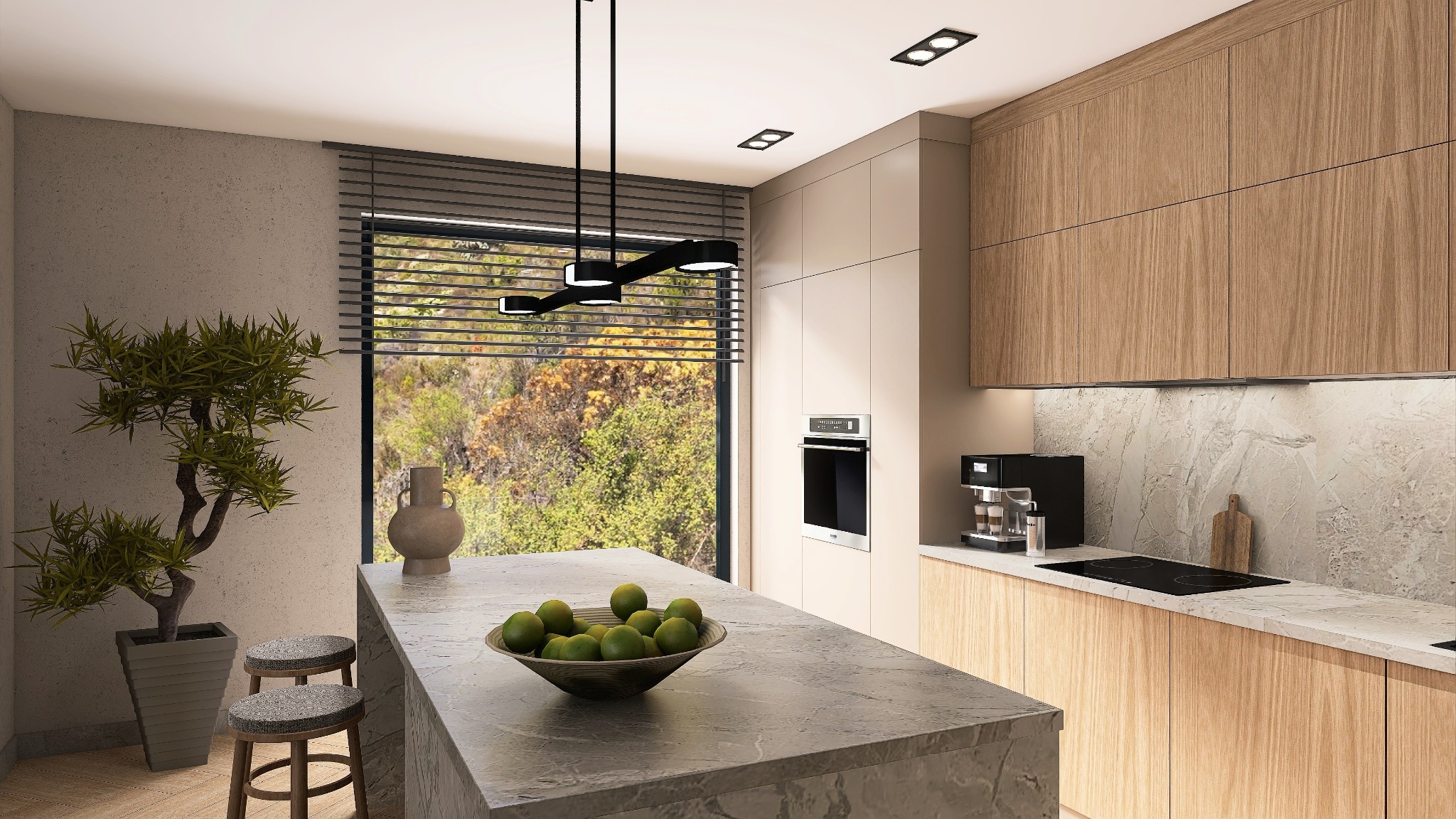 Nowoczesna kuchnia z wyspą, drewnianymi frontami i marmurowym blatem. Na wyspie misa z limonkami, w tle widok za oknem. Minimalistyczna lampa sufitowa.