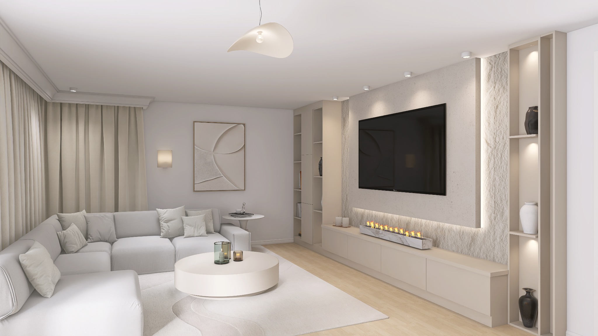 Jasne wnętrze salonu z narożną sofą, okrągłym stolikiem kawowym i ścianą TV z biokominkiem. Minimalistyczny design z akcentami beżu i bieli, oświetlenie punktowe i dekoracyjne.