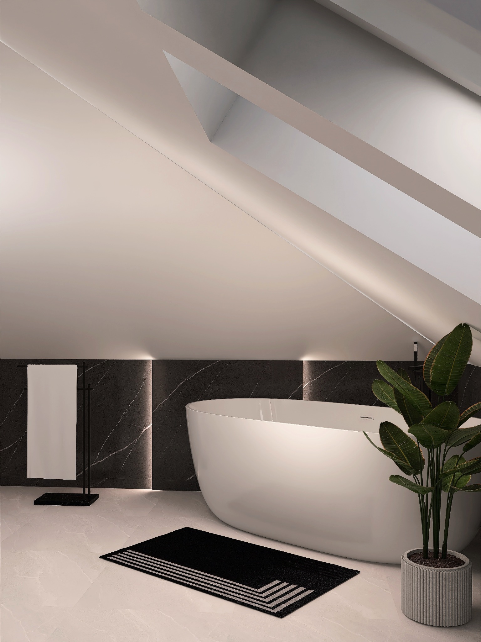 Nowoczesna łazienka na poddaszu z wolnostojącą wanną, czarnym marmurem i rośliną w doniczce. Minimalistyczny design z akcentem na naturalne materiały i oświetlenie.