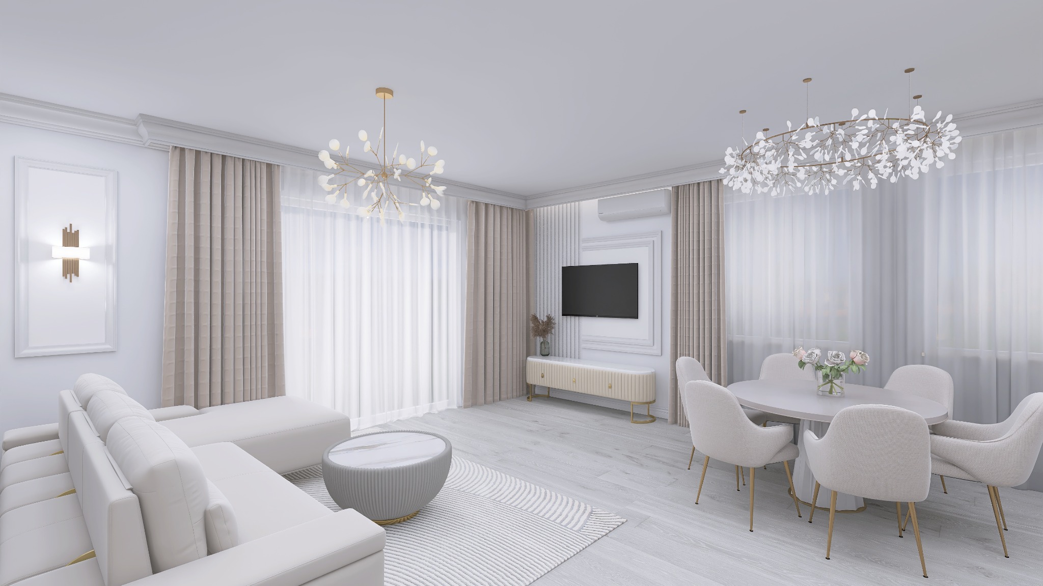 Jasne wnętrze salonu z sofą, stołem jadalnym i telewizorem. Minimalistyczny design z beżowymi zasłonami i dekoracyjnym oświetleniem.