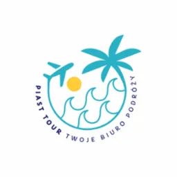 Turkusowy logotyp biura podróży: samolot, słońce, fale, palma. Napis: Piast Tour Twoje Biuro Podróży. Grafika w stylu flat design na białym tle.