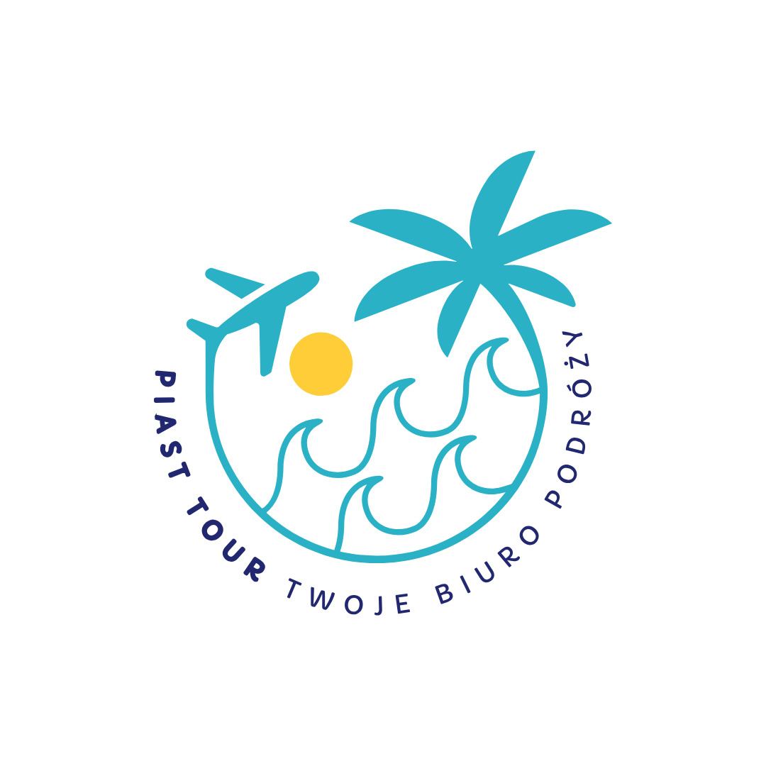 Turkusowy logotyp biura podróży: samolot, słońce, fale, palma. Napis: Piast Tour Twoje Biuro Podróży. Grafika w stylu flat design na białym tle.