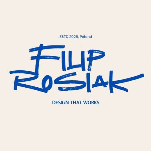 Niebieski, odręczny napis 'Filip Rosiak, Design that works' na kremowym tle, ESTD 2025, Poland. Unikalna typografia, nowoczesny minimalizm.