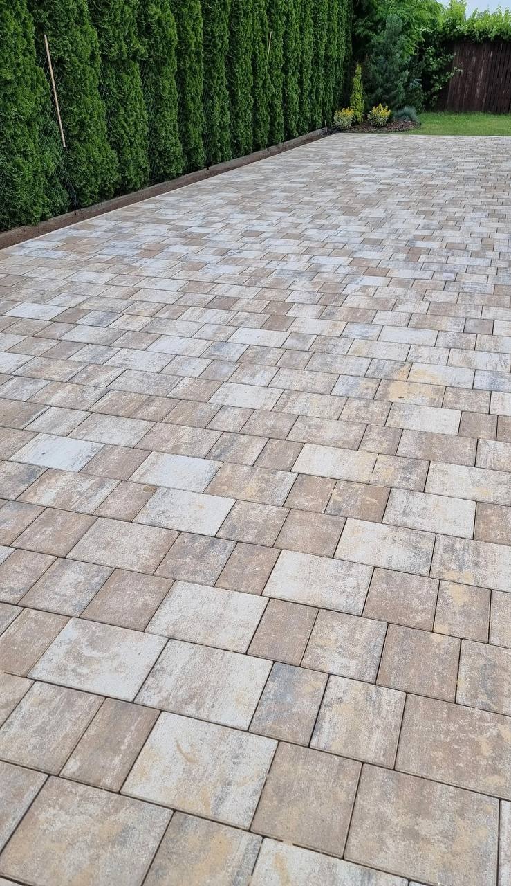 Ułożona kostka brukowa w odcieniach beżu i szarości tworzy wzór na podjeździe. W tle wysokie, gęste tuje. Widok z góry, ukazujący regularny układ kostki.