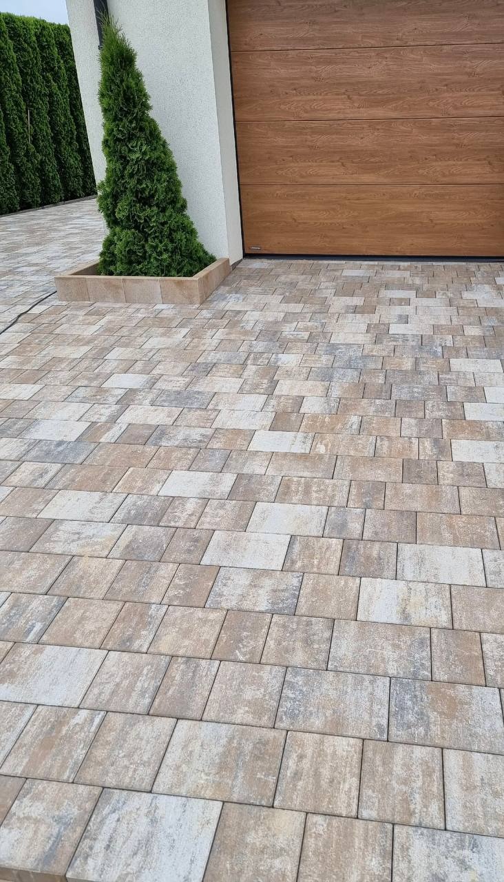 Nowoczesna kostka brukowa w odcieniach beżu i szarości, ułożona przed garażem i tujami. Kostka otacza również ozdobną tuję w donicy, tworząc spójną całość.