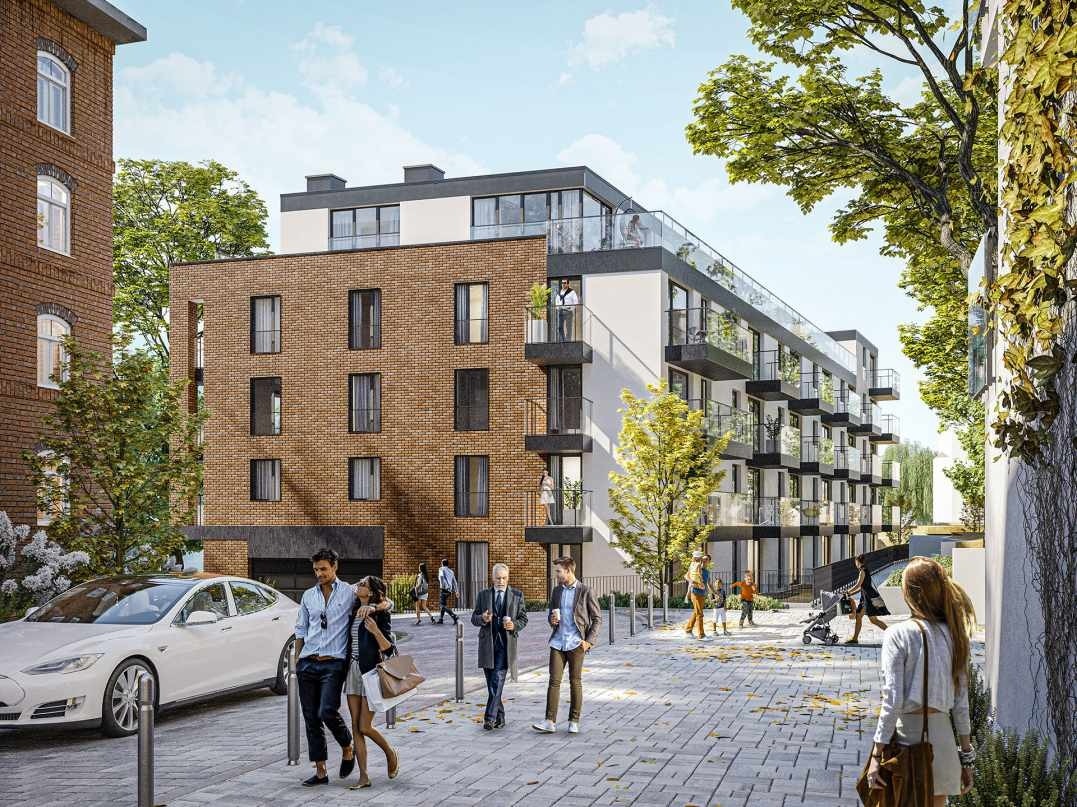 Wizualizacja nowoczesnego apartamentowca z ceglaną elewacją, balkonami i szklanymi balustradami. Przed budynkiem spacerują ludzie i stoi biały samochód.