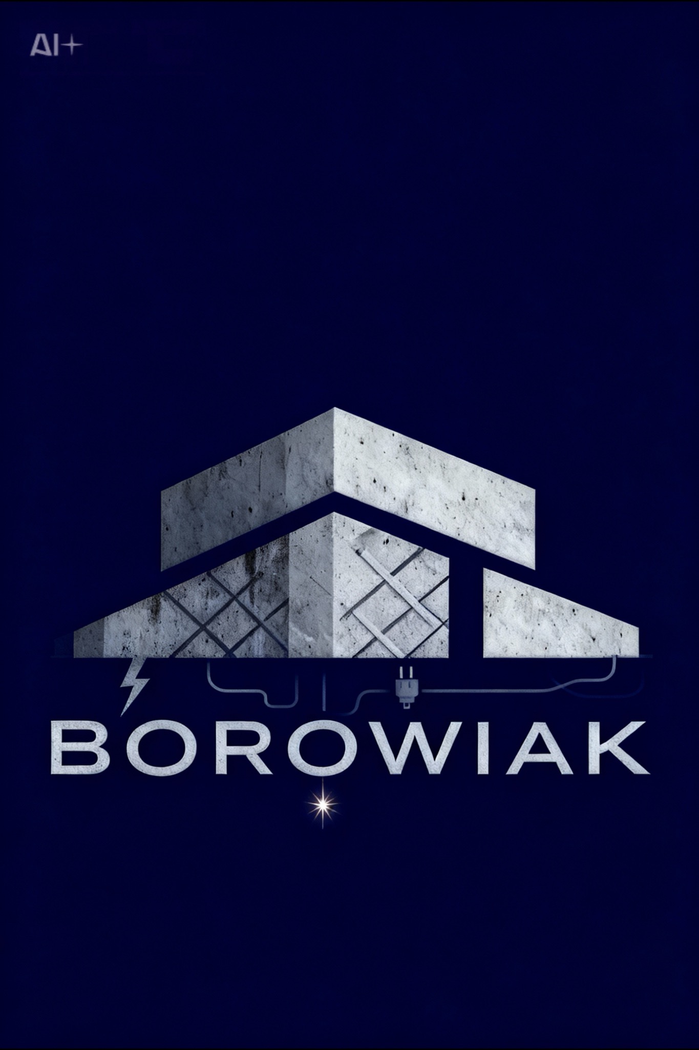 Grafika z abstrakcyjnym budynkiem z betonu, stylizowanymi przewodami elektrycznymi i błyskawicą, na ciemnoniebieskim tle. Nazwa firmy: BOROWIAK.