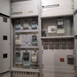 Rozdzielnia elektryczna z licznikami i zabezpieczeniami, widoczne różne typy liczników, bezpieczniki, rozłączniki, okablowanie i elementy montażowe w szarej obudowie.