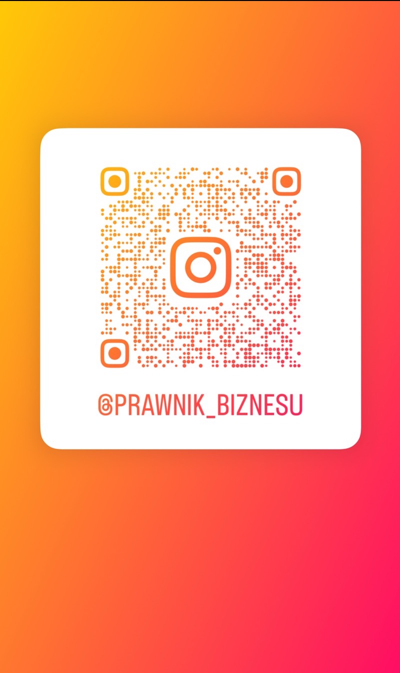 Kod QR do profilu @prawnik_biznesu na Instagramie, umieszczony na białym kwadracie z zaokrąglonymi rogami, na tle gradientu pomarańczowo-różowego.