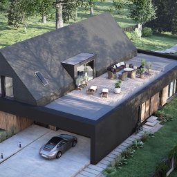 VDOM24PL - Nowoczesny dom z dachem dwuspadowym i tarasem na dachu, otoczony zielenią. Widoczny podjazd z samochodem i basen w ogrodzie. Wizualizacja projektu domu.