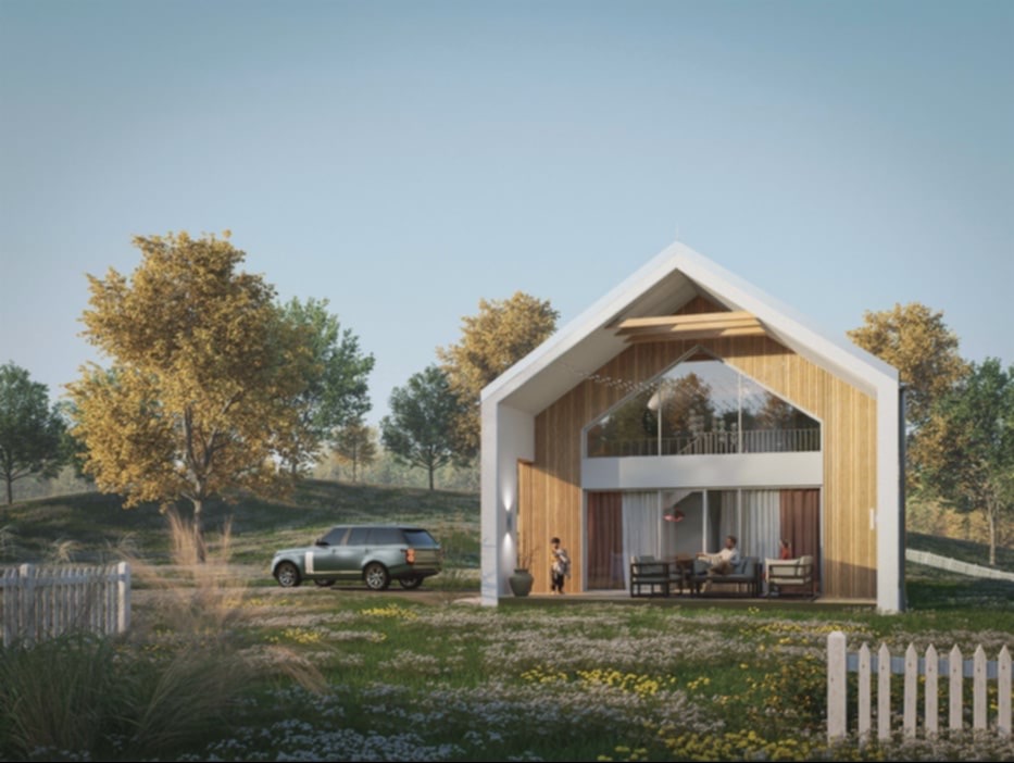 Nowoczesny dom szkieletowy z drewnianą elewacją i dużymi przeszkleniami, otoczony zielenią. Na podjeździe stoi SUV, a na tarasie widać siedzących ludzi.