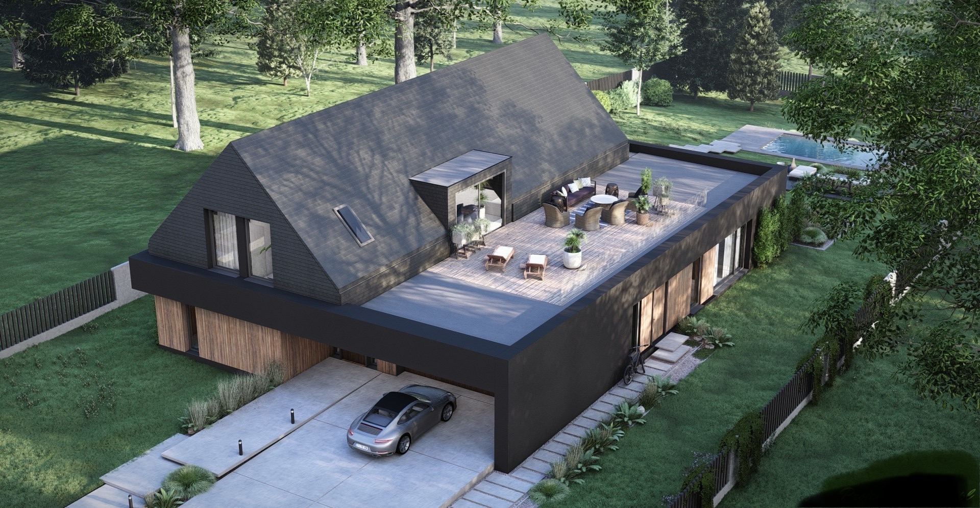 Nowoczesny dom z dachem dwuspadowym i tarasem na dachu, otoczony zielenią. Widoczny podjazd z samochodem i basen w ogrodzie. Wizualizacja projektu domu.